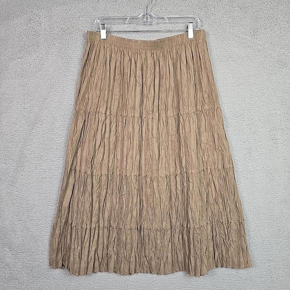 Alfred Dunner Maxi Skirt Beaded Tiered Crinkle Boho Size 16  Brown Tide